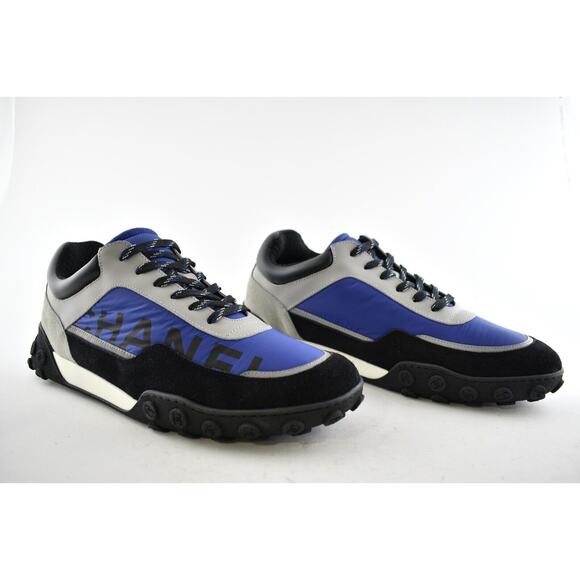 Chanel Mens 18B Black Blue Grey Nylon CC Logo Lace Low Top Trainer Sneaker 43 10 - Picture 3 of 11